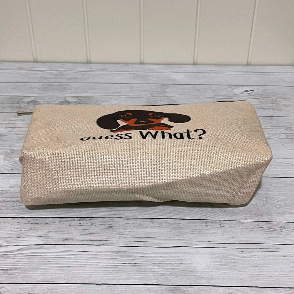 Guess What Dachshund Butt Cosmetic Bag Linen Zipper Pouch Beige Weiner Dog